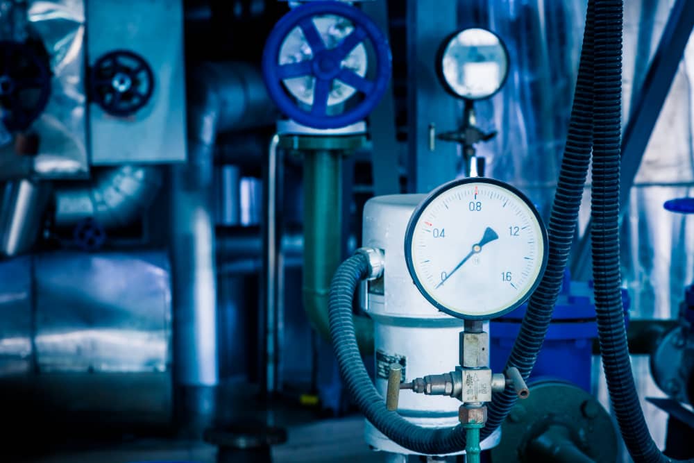 A close-up of industrial water pressure gauges and pipes in a plumbing system, highlighting the mechanisms used to monitor and manage water pressure effectively.