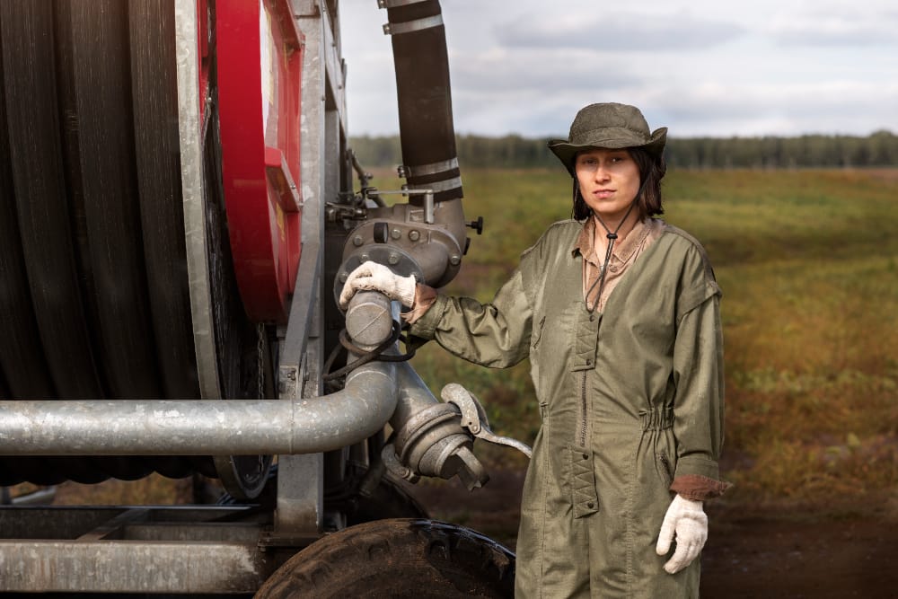 A woman in protective gear standing next to a fire hose reel, showcasing her role in managing fire safety equipment in a field environment.