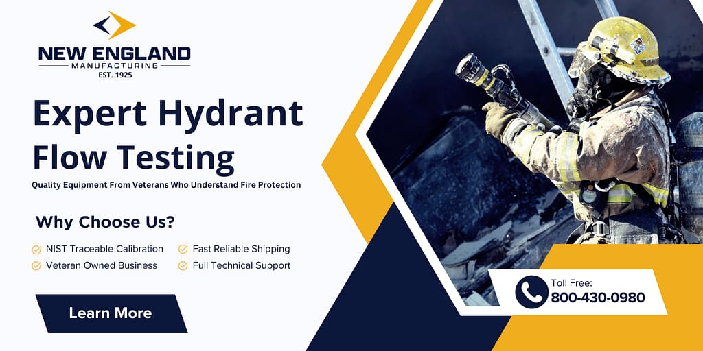 Advertisement for expert hydrant flow testing. A firefighter in gear is pictured, and the ad highlights quality equipment and veteran ownership.