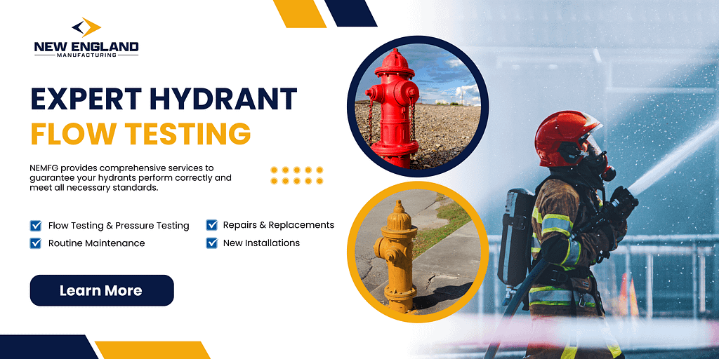 Firefighter conducting a flow test near a red and yellow fire hydrant – showcasing professional yellow fire hydrant testing services by New England Manufacturing