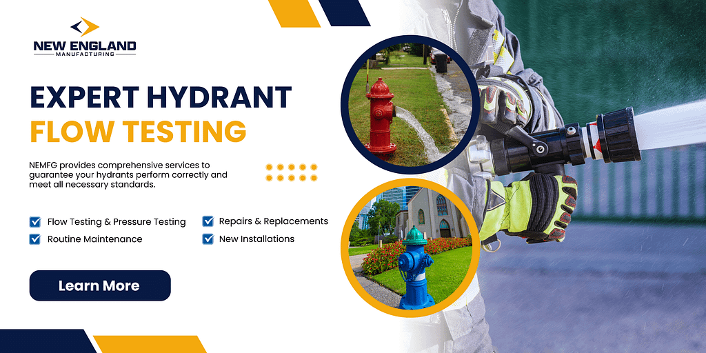 Call-to-action graphic for expert hydrant flow testing services by New England Manufacturing. The image shows a firefighter conducting a flow test, along with red and blue fire hydrants. Text highlights services like pressure testing, maintenance, repairs, and new installations