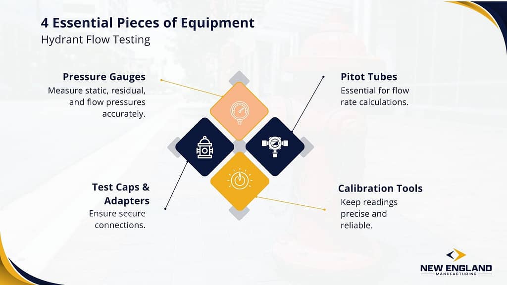 Infographic outlining 4 essential pieces of equipment for hydrant flow testing: pressure gauges, pitot tubes, test caps & adapters, and calibration tools. A fire hydrant is blurred in the background.