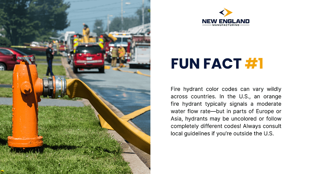 Graphic showing an orange fire hydrant in use during an emergency response, alongside a fun fact about fire hydrant color codes.