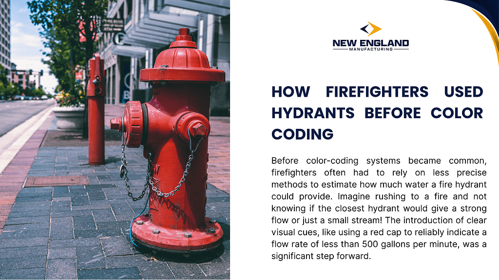 Educational graphic by New England Manufacturing describing how firefighters used red fire hydrants before color coding, with an image of red hydrants on an urban street.