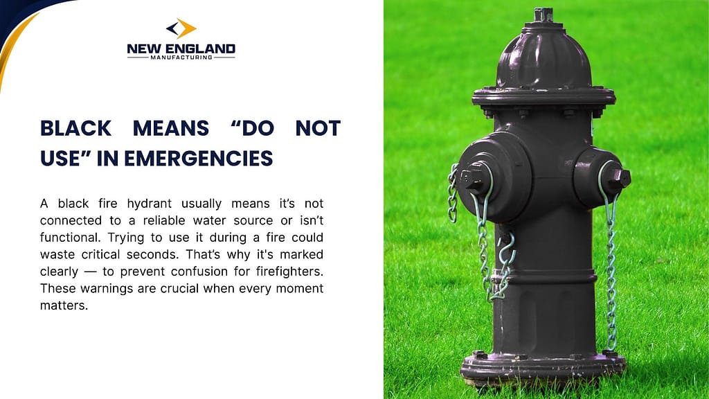 Educational infographic explaining that black fire hydrant means do not use in emergencies due to unreliable water source