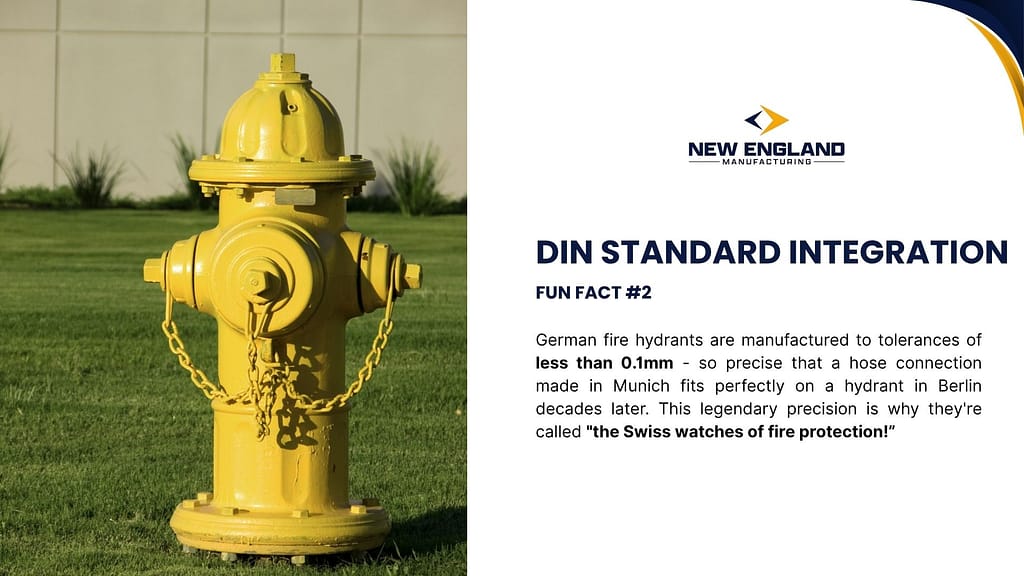 Yellow European fire hydrant meeting DIN standards with precision manufacturing tolerances