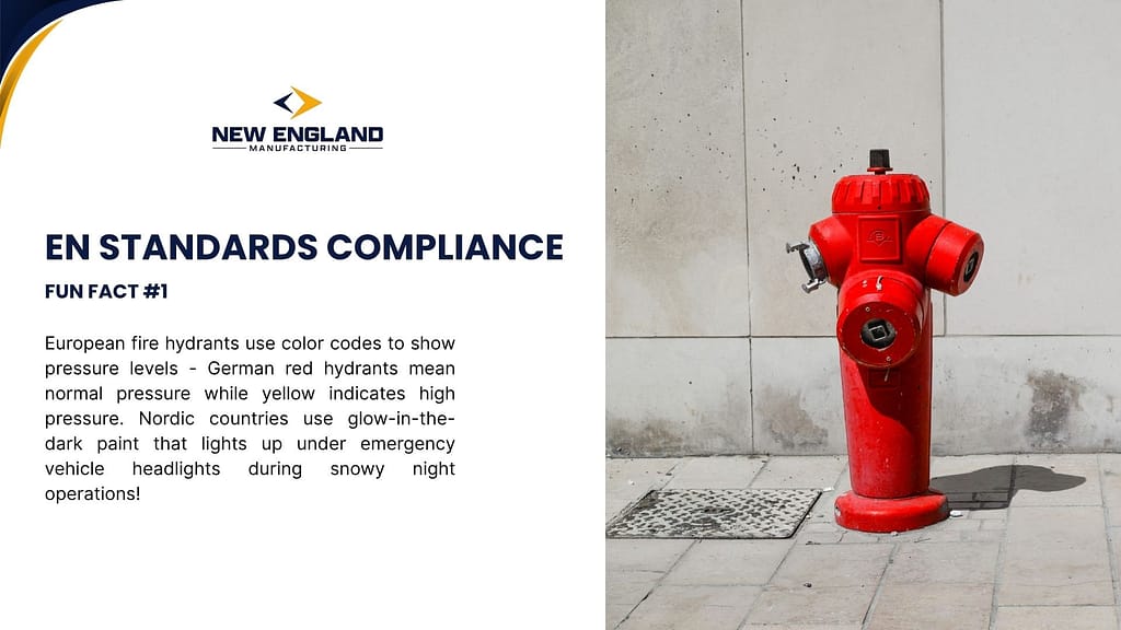 European fire hydrant EN standards compliance showing red hydrant with pressure level color coding