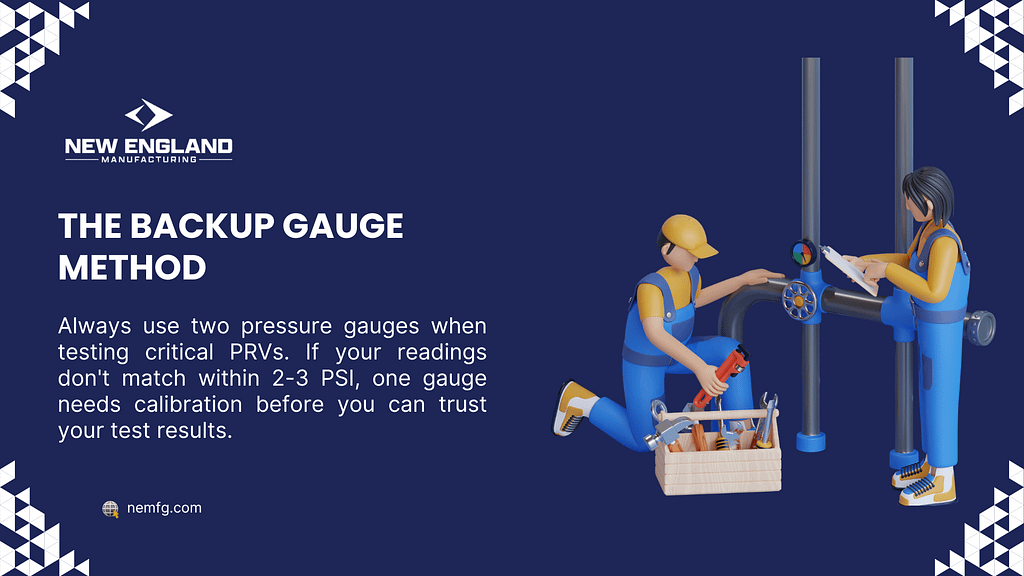  PRV testing professionals using backup gauge method for accurate pressure measurements