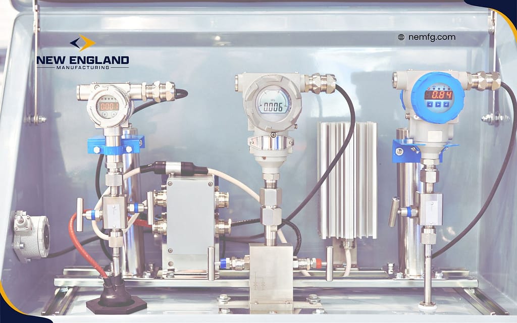Close-up of water flow transmitter equipment, showcasing various gauges, valves, and electronic components. The image highlights precision instrumentation used for accurate flow measurement. From New England Manufacturing.