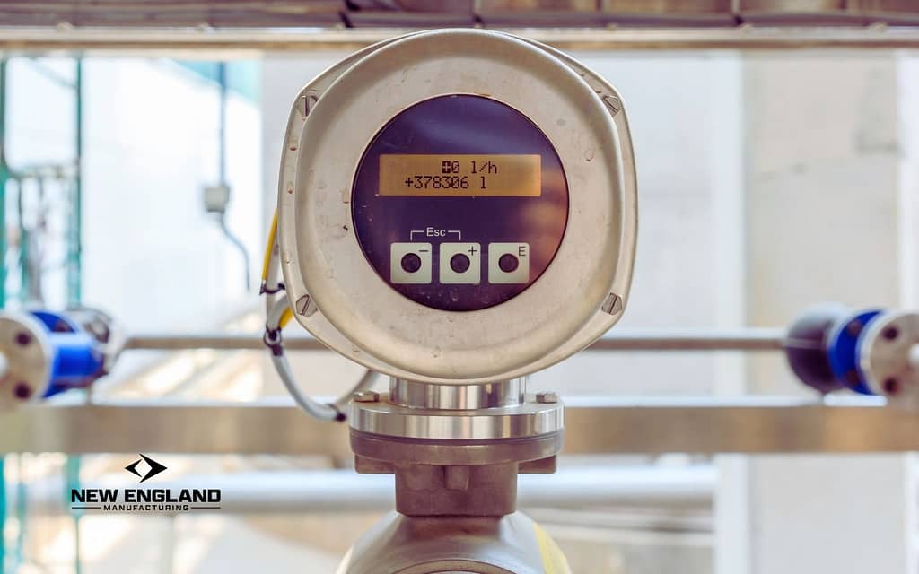 a zoomed picture of a Commercial Flow meter, this is part of an Article by New England Manufacturing Company about How Does a Flow Meter Work.