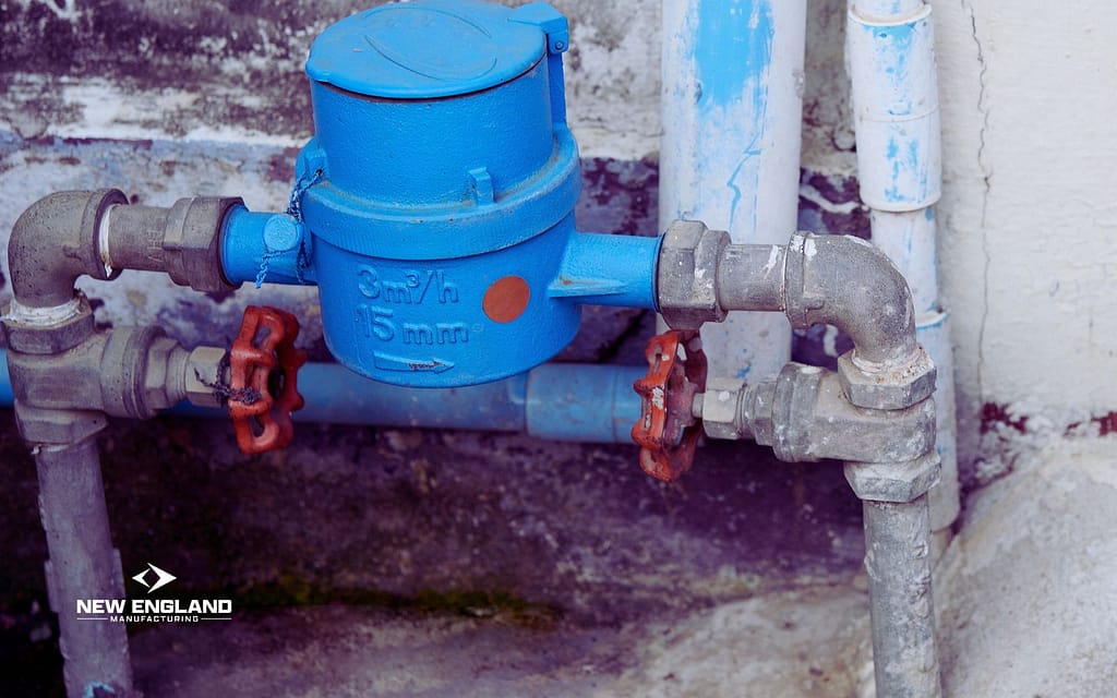 a close-up picture of a blue flow meter in action with a New England Manufacturing Logo at the bottom left of the image.