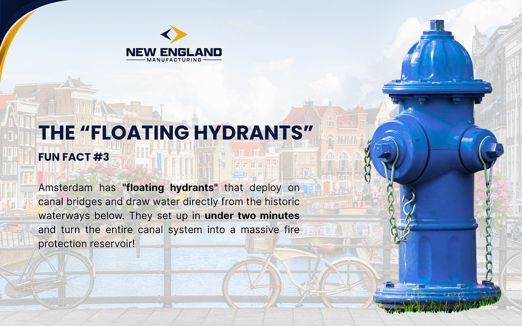 Blue European fire hydrant floating system designed for Amsterdam canal bridges