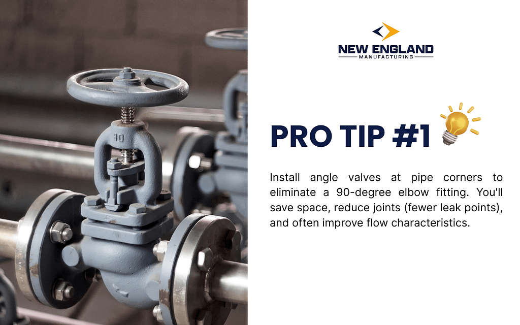 Globe valve pro tip showing angle valve installation at pipe corners to eliminate fittings