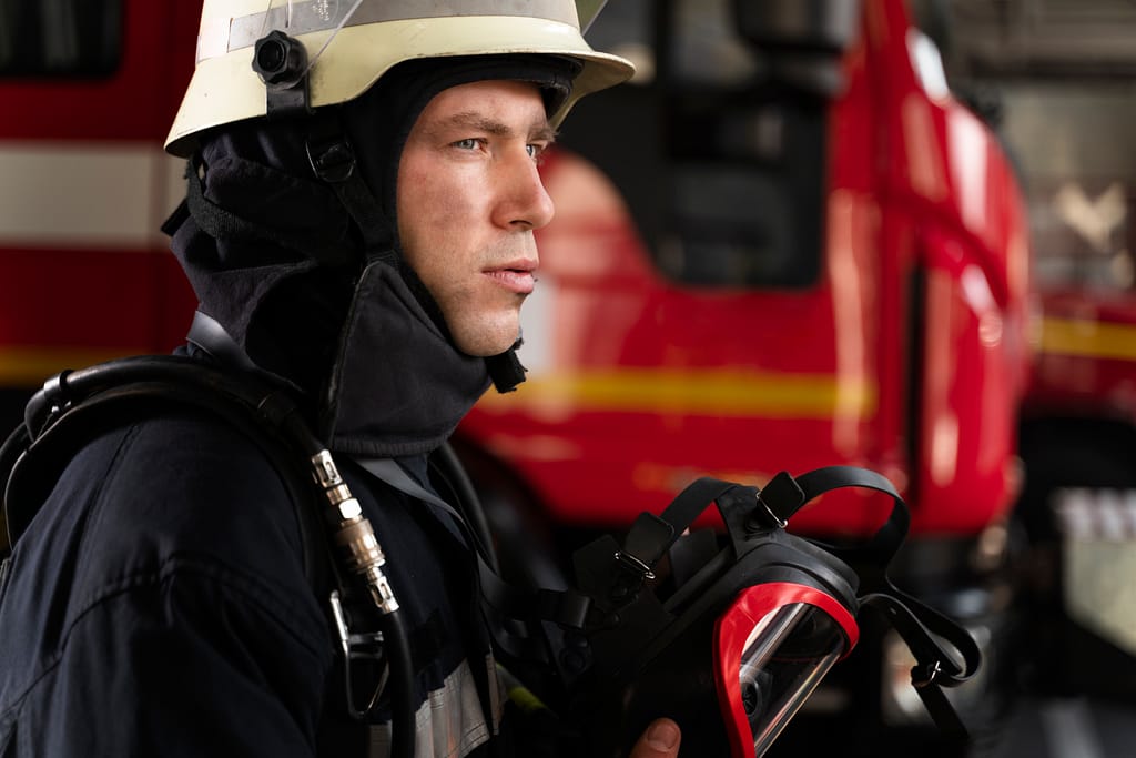 Male firefighter in uniform and helmet standing in a fire station, looking confident.