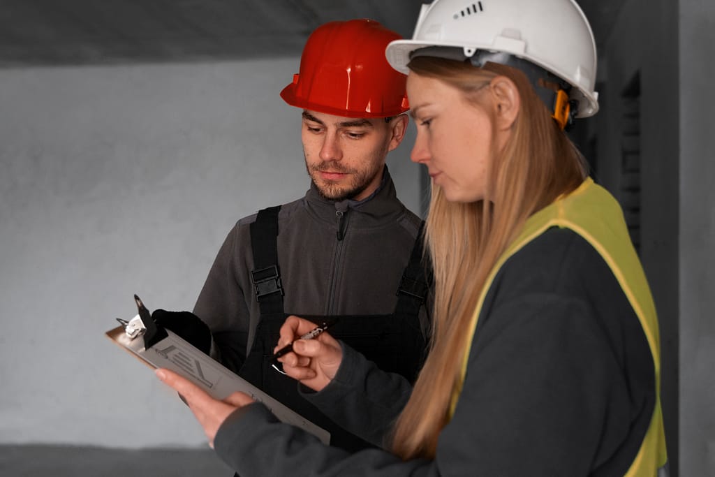 Fire protection professionals with documents discussing technical specifications.