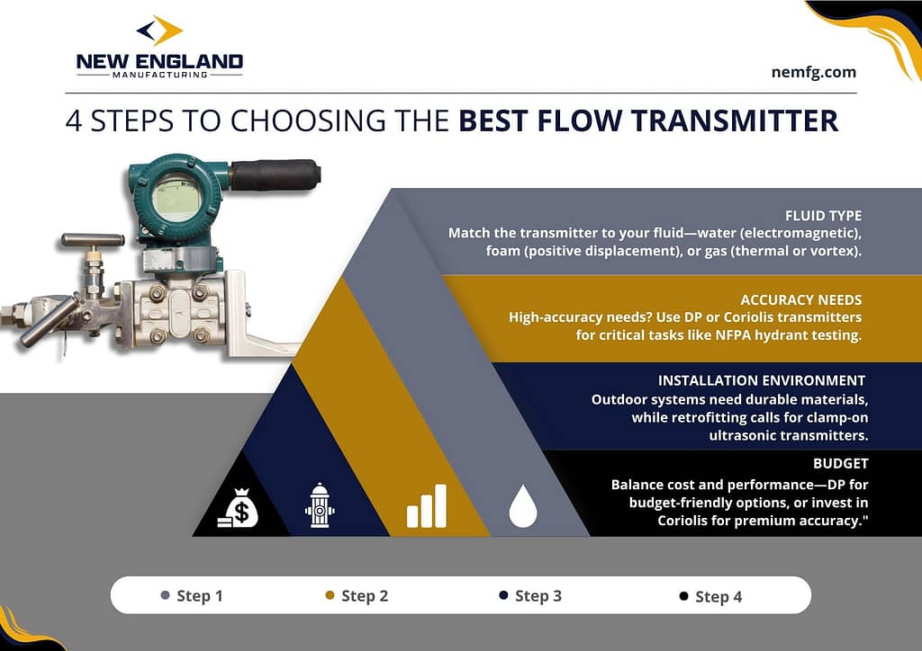 Infographic outlining four steps to choose the best flow transmitter: 1. Fluid Type (water, foam, gas), 2. Accuracy Needs (high-accuracy requires specific transmitters), 3. Installation Environment (outdoor systems need durable materials), 4. Budget (balance cost and performance).