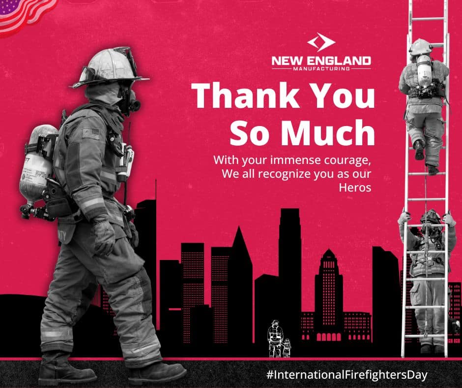 A graphic expressing gratitude to firefighters on International Firefighters Day. It features a firefighter in uniform, a cityscape, and the text "Thank You So Much" and "With your immense courage, We all recognize you as our Heroes." The graphic highlights the appreciation for firefighters' bravery and courage.