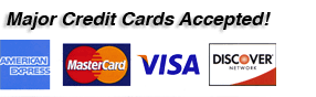 Logos of American Express, MasterCard, Visa, and Discover for payment acceptance.