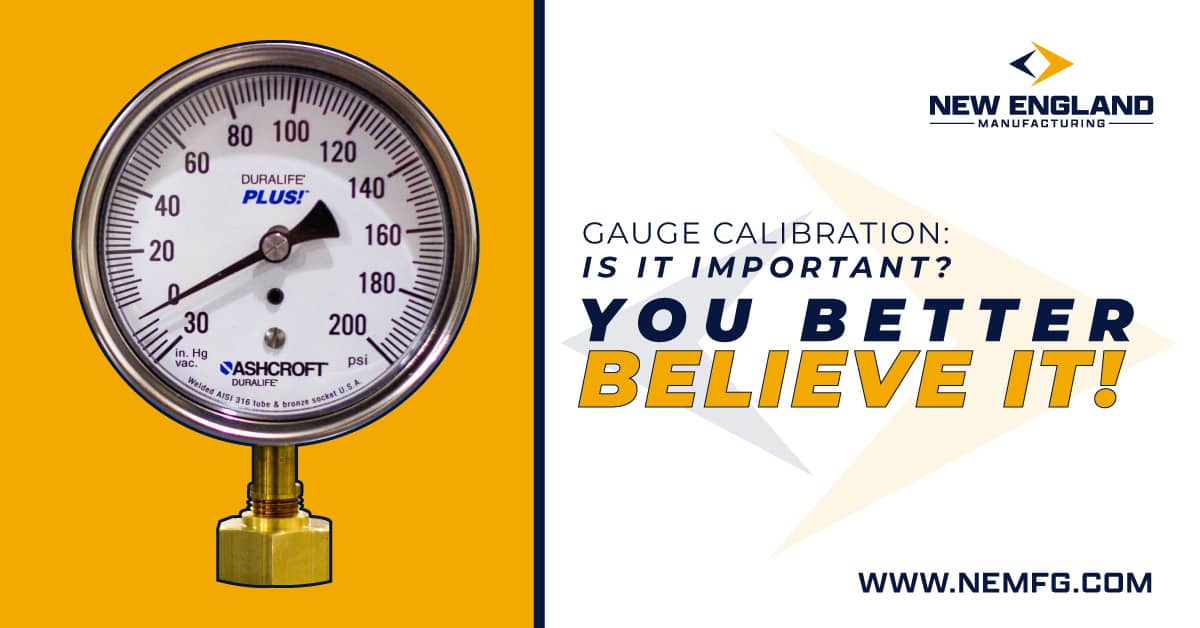 A pressure gauge with "Gauge Calibration" text and New England Manufacturing logo.